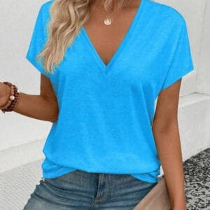 Blue T-shirt Women's Simple Solid Color V-Neck Short Sleeve Camisole