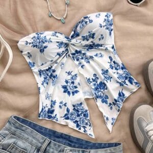 Dreamara Women's Vacation Blue & White Floral Crop Tube Top With Front Slit - Comfortable Chiffon Top For Afternoon Tea, Graduation, Or Winter Layering, Summer Clothes