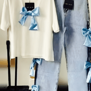 Women’s Set “Blue Bow Charm” – White Top & Light-Wash Jeans with Satin Bows
