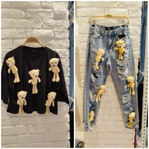Women's Set “Teddy Chic” – Black Top & Ripped Jeans with 3D Plush Bears