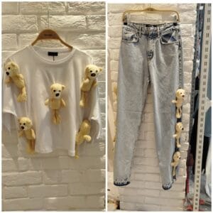 Women’s Set “Teddy Love” – White Sweatshirt & Light Denim Jeans with Plush Teddy Bears