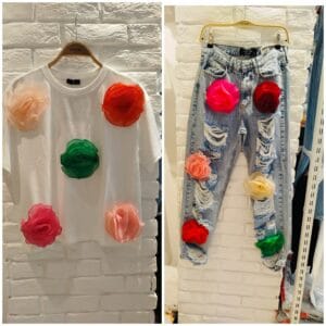 Women’s Set “Floral Bloom” – White T-Shirt & Ripped Jeans with 3D Fabric Flowers